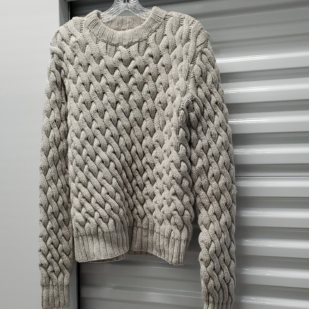 $1795 Cashmere Blend Grey Crewneck Sweater with HandKnit and Ribbed Cuffs